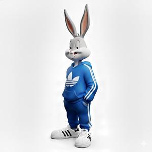 3D model of Bugs Bunny in a sports outfit, split into parts for multicolor printing. Dancing breakdance pose, perfect for colorful 3D prints.