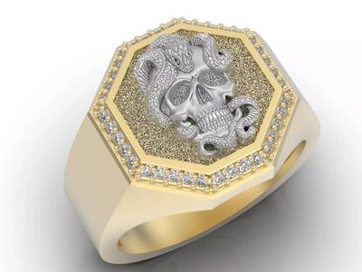 Skull and snake Ring Sculpture jewelry Silver Gold  Print