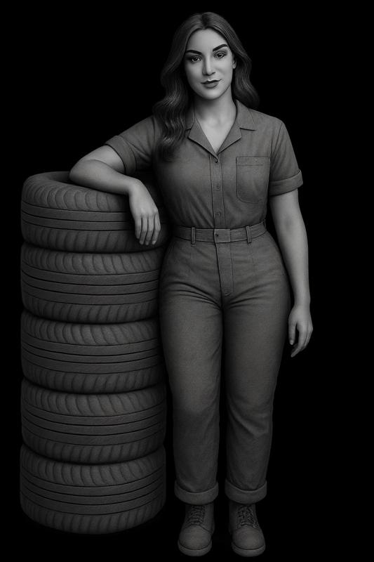 Woman mechanic with tires (1/64 scale).