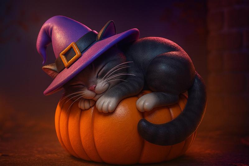 Halloween Witch Cat Sleeping on Pumpkin | 3D Printed Figurine