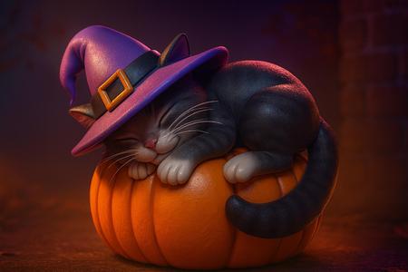 Halloween Witch Cat Sleeping on Pumpkin | 3D Printed Figurine