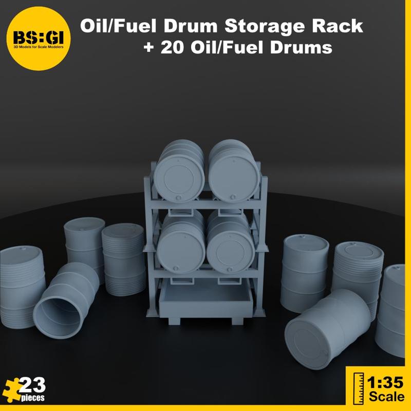 Pack Fuel/Oil Drum Storage Rack + 20 Drums - Military and Civilian Scenary -1:35 Diorama Accessories