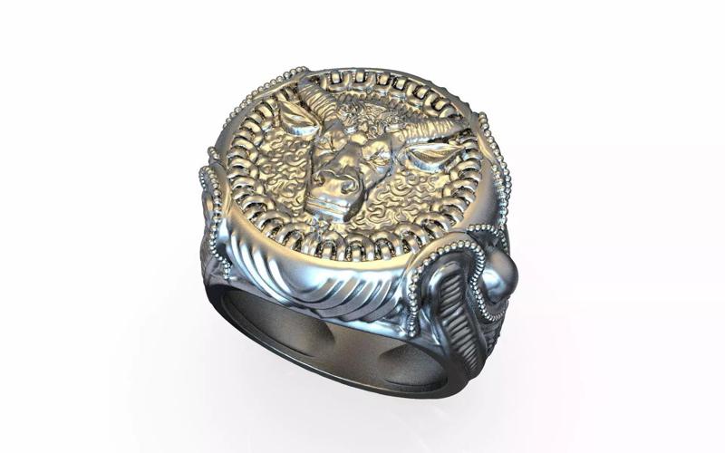 Bold Bull Motif Gold Signet Ring  Digital 3D Model