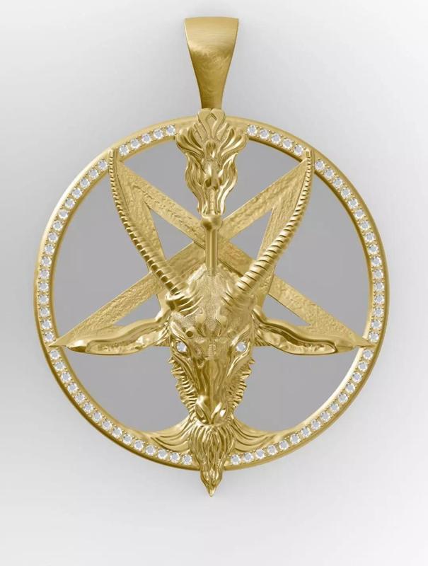 PENTAGRAM BAPHOMET HEAD WITH DIAMOND PRONG SETTING