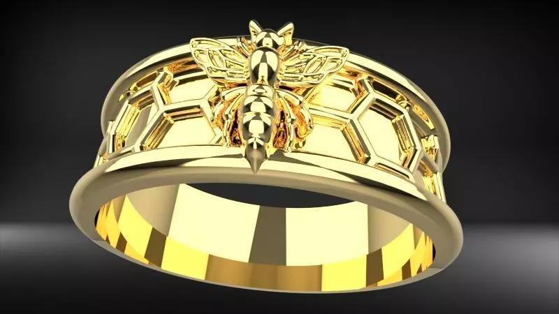 Ring with honeycombs on which a bee sits jewelry