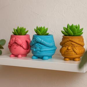 Cute Succulent Planter Set – 3D Printable Funny Face Pots | Kawaii Desk Plant Holders