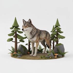 Majestic Forest Wolf Scene 3D Print Model - Wildlife Woodland Creature Sculpture for Diorama & Rendering with Clean Background