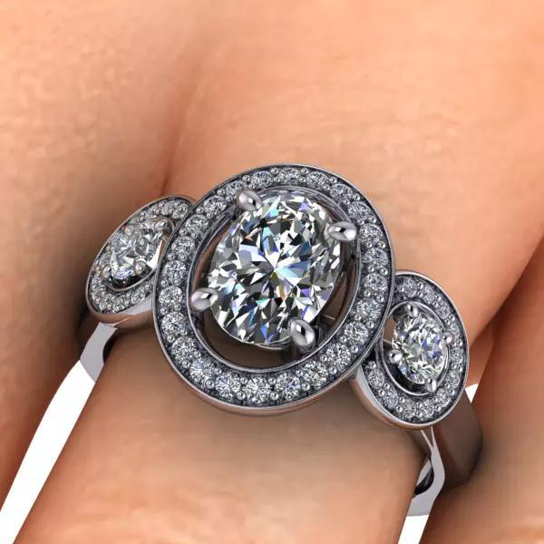 Modern  Oval Cut Halo 3 stone bridal wedding band rings