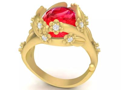 oval ruby and  diamond  apricot blossom flower ring 3677