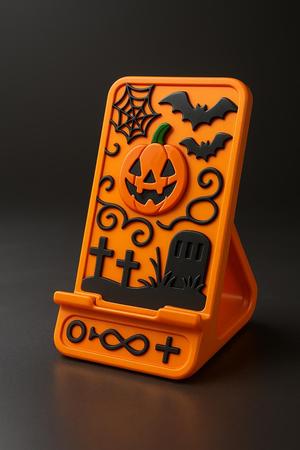 Halloween-Themed Phone Stand with Pumpkin, Bats, and Tombstones