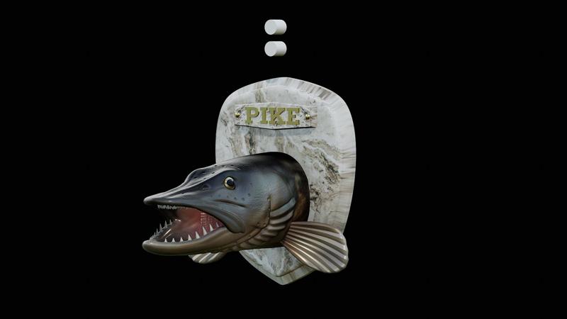 fish head trophy Northern pike / Esox lucius open mouth statue detailed texture for 3d printing