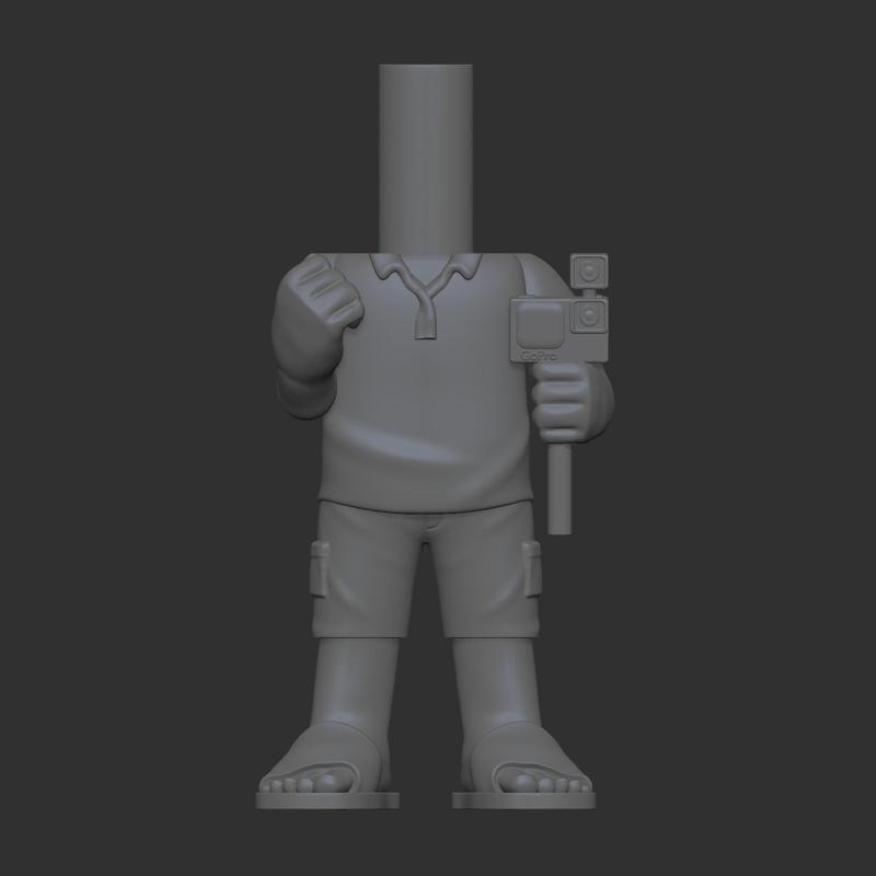 Funko Pop male collared shirt, shorts, flat sandals, holding a GoPro camera