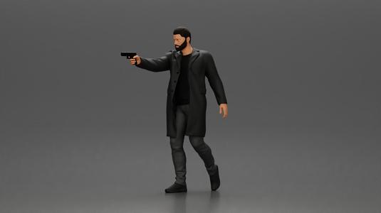 Man in Black Coat Aiming a Gun with Confident Stance