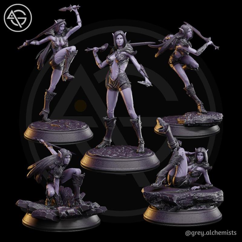 DnD Miniatures Set in 32mm & 75mm - Rina the Drow Demon Hunter - Fantasy Character - DnD STL (Pre-Supported)