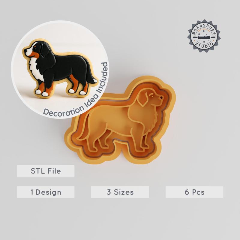 Bernese Mountain Dog Cookie Cutter & Stamp Set, 6-Piece Bundle, Perfect for Cookies & Fondant, Sizes S/M/L