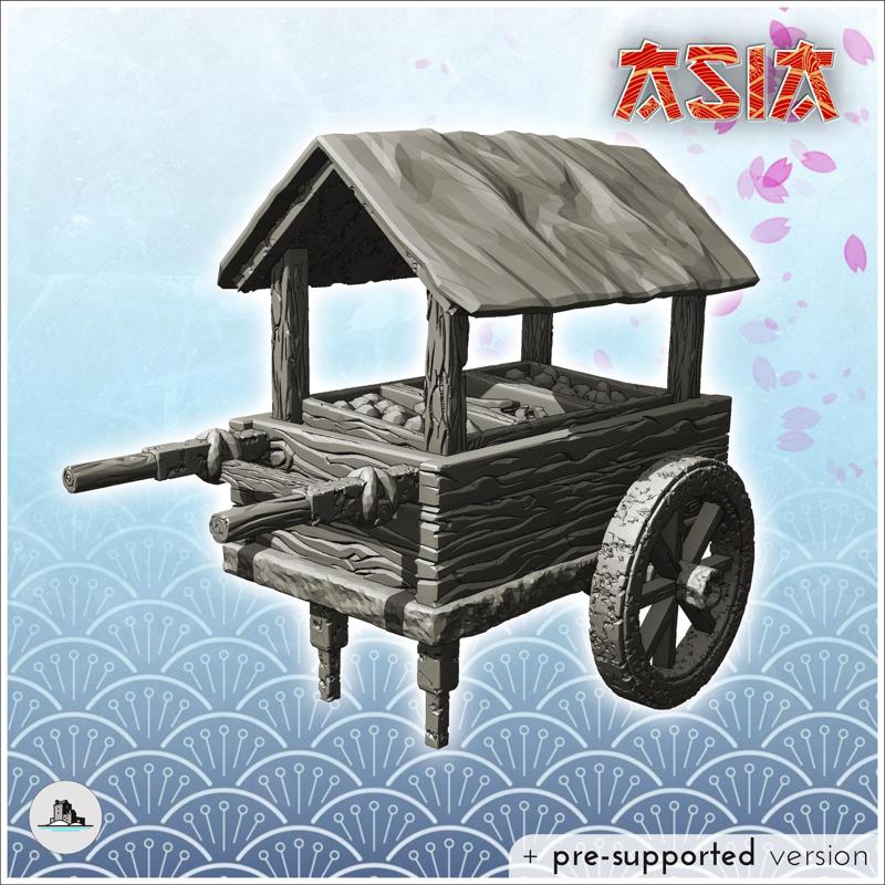 Two-wheeled medieval wooden cart with market stall (2) - Medieval Asia Feudal Asian Traditionnal Ninja Oriental