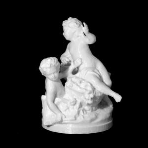 Two infants quarreling over a (missing) bunch of flowers beside a broken vase