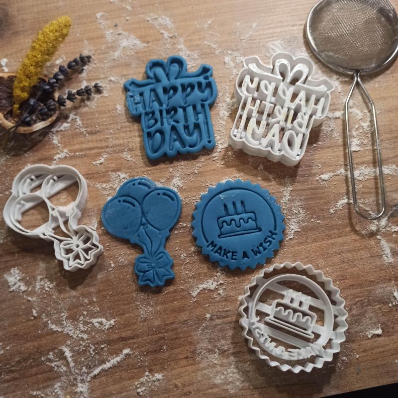 Happy Birthday Cookie Cutter Set, “Balloon- Cake - Make a Wish - Gift Box”, Cake Decorating, Birthday Surprise, 3D STL File Digital Download