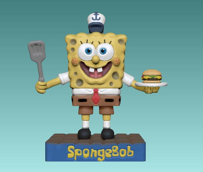 spongebob squarepants holding spatula and  krabby patty burger
