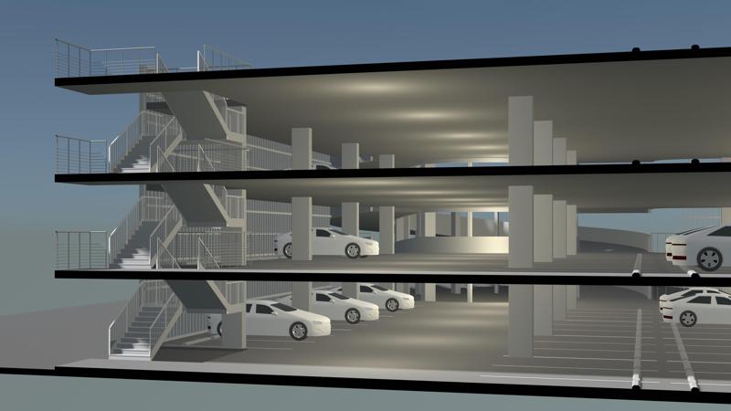 Parking garage building in section cut 25-15