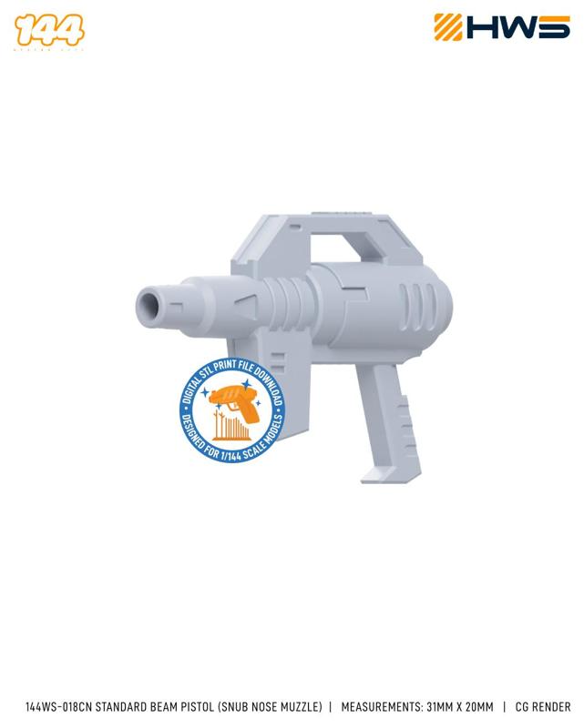 144WS-018CN Standard Beam Pistol (Snub Nose Muzzle). 3D Printed Parts for High Grade Scale Model Kit.