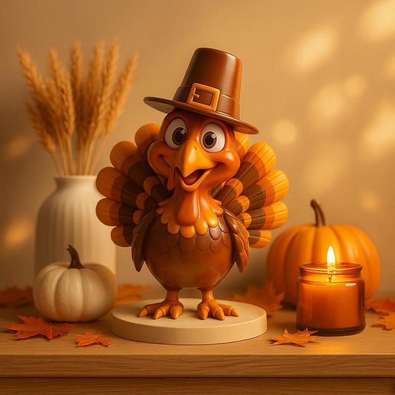 Thanksgiving Turkey Figurine STL – Cute Cartoon Turkey with Pilgrim Hat | Easy, Support-Free Holiday Table Decor