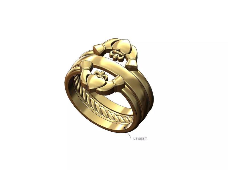 Triple Claddagh guard inner braided cigar ring US size 7