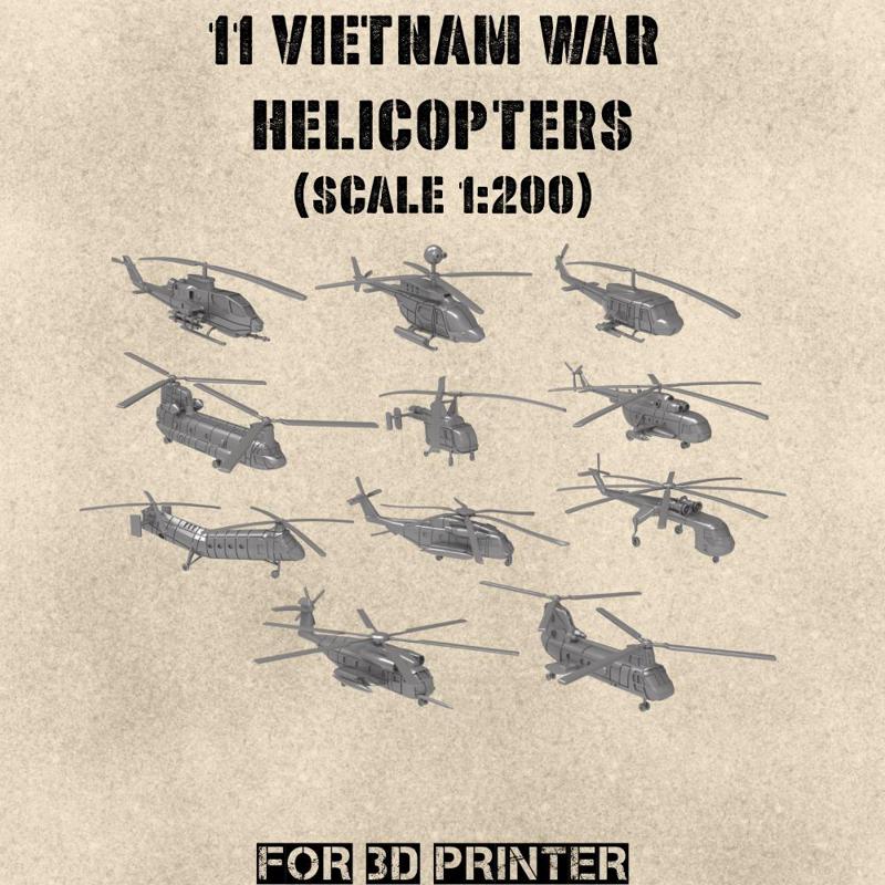 STL PACK - 11 VIETNAM War Helicopters (scale 1:200) - PERSONAL USE