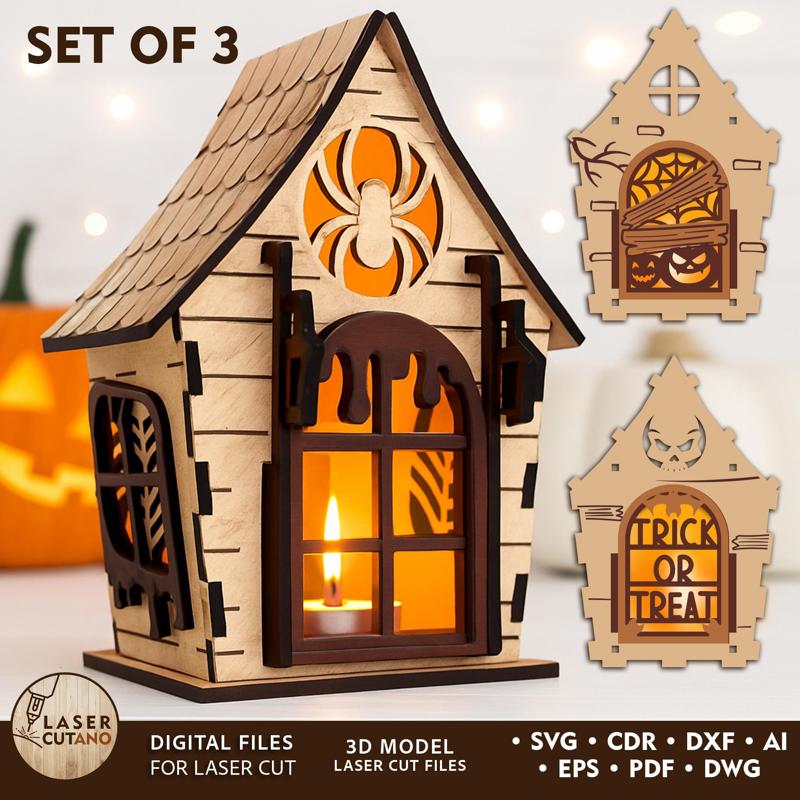 Laser Cut Halloween Haunted House Lantern Set (3 Designs) - Spooky Decor