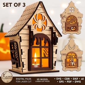 Laser Cut Halloween Haunted House Lantern Set (3 Designs) - Spooky Decor