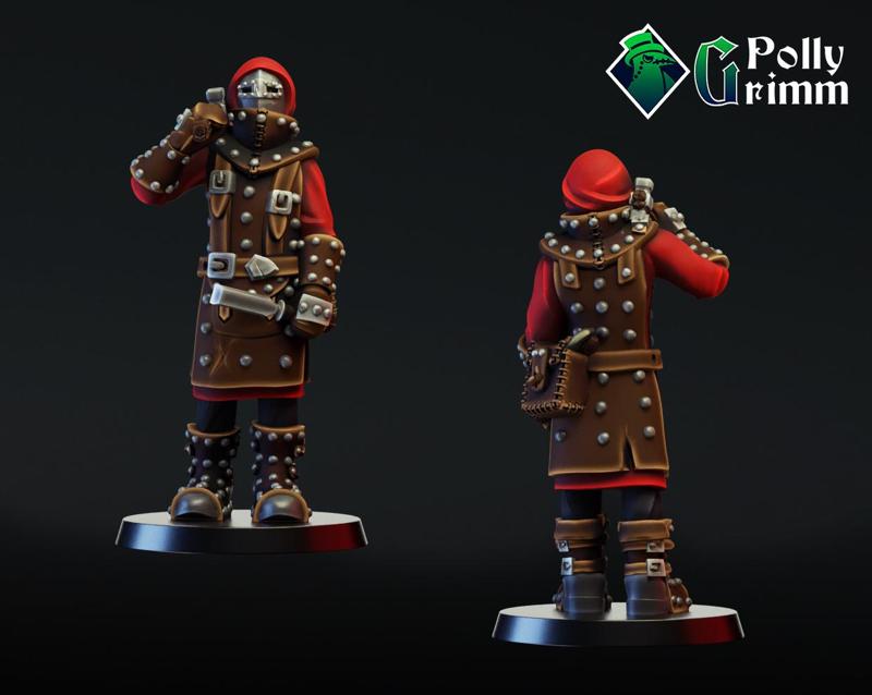 Fantasy blacksmith in metal mask with hammer and chisel