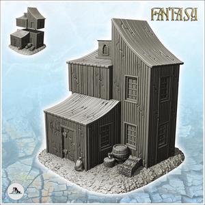 Wooden building with multiple curved roofs and exterior accessories (3) - Medieval Fantasy Magic Feudal Old Archaic Saga 28mm 15mm