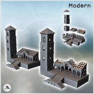 Set of two modern buildings with a tower, gothic arches, and a grand staircase (destroyed and intact versions) (37) - Modern WW2 WW1 World War Diaroma Wargaming RPG Mini Hobby