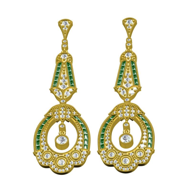 Green Baguette and White Diamond Vintage Style Earring