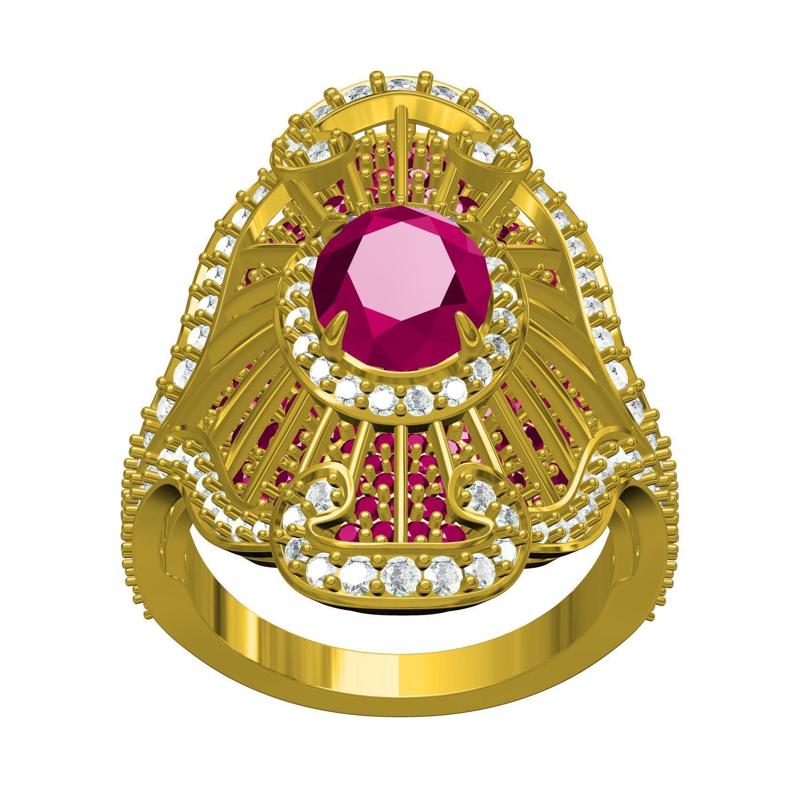 Red Ruby Round and Oval Cut Diamond Antique Cocktail Ring