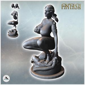 Woman crouching on a rock with long hair (normal and cyborg versions) (SFW version) (9) - Medieval Fantasy Magic Feudal Old Archaic Saga 28mm 15mm