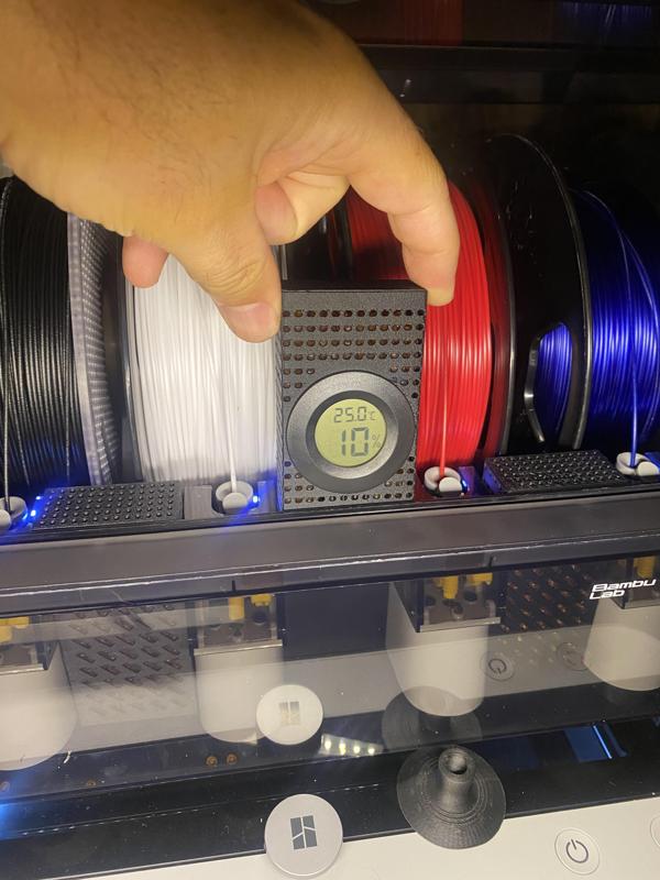 Bambu Labs Front loading desiccant boxes for AMS with Hygrometer fits without removing filament.