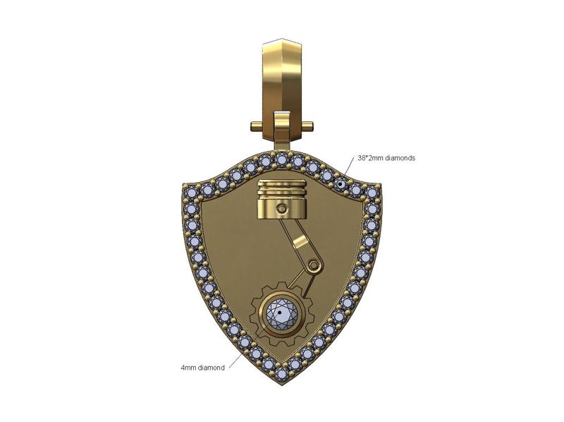 Diamond piston gear shield pendant with bail 3D print model