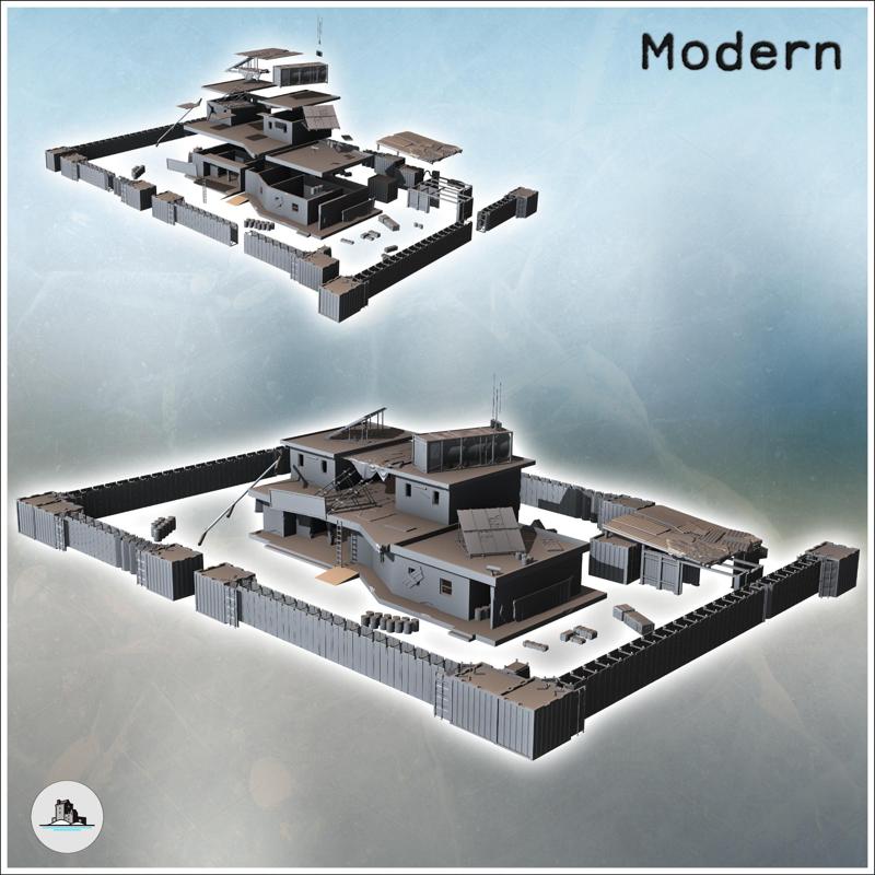 Damaged headquarters with metal container enclosure and solar panels (3) - Cold Era Modern Warfare Conflict World War 3 RPG  Post-apo WW3 WWIII