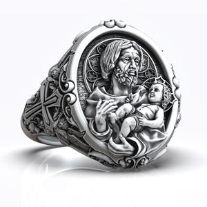 Saint Joseph and Baby Jesus Angels Gothic Cross Christian Ring