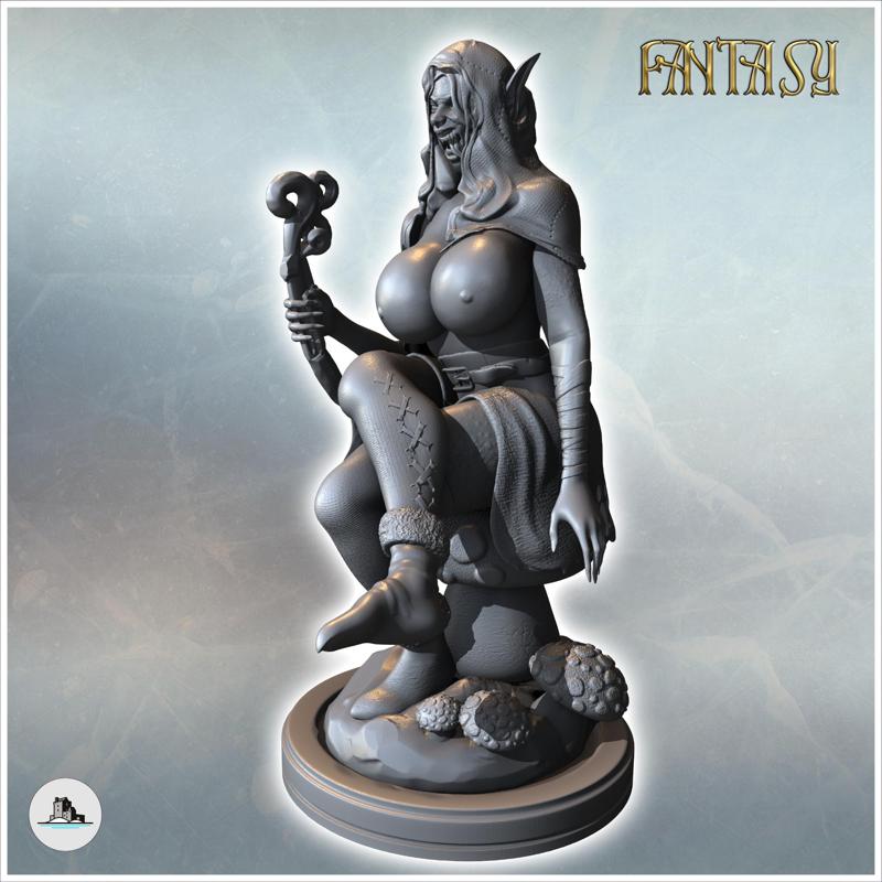 Female creature sitting on a rock with a magic staff and a hood over the head (NSFW version) (13) - Medieval Fantasy Magic Feudal Old Archaic Saga 28mm 15mm