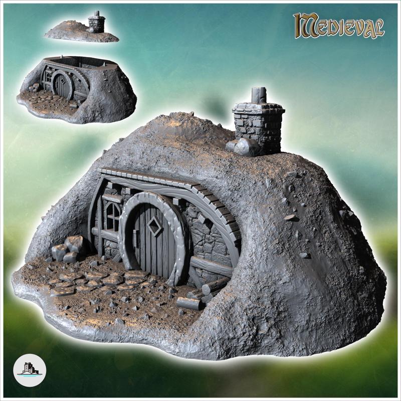 Hobbit house under ground with round door, fireplace and wooden barrier (30) - Medieval Fantasy Magic Feudal Old Archaic Saga 28mm 15mm