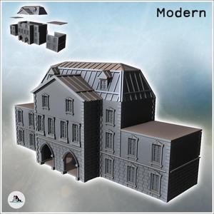 Large building with a zinc roof, hewn stone base, and flat-roofed side annexes (intact version) (7) - Modern WW2 WW1 World War Diaroma Wargaming RPG Mini Hobby