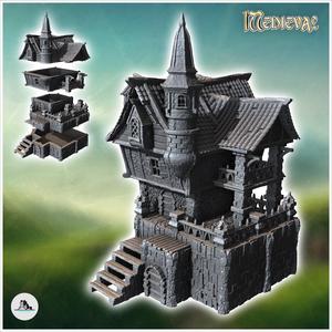 Medieval building with large balcony and wooden staircase (36) - Medieval Gothic Feudal Old Archaic Saga 28mm 15mm RPG