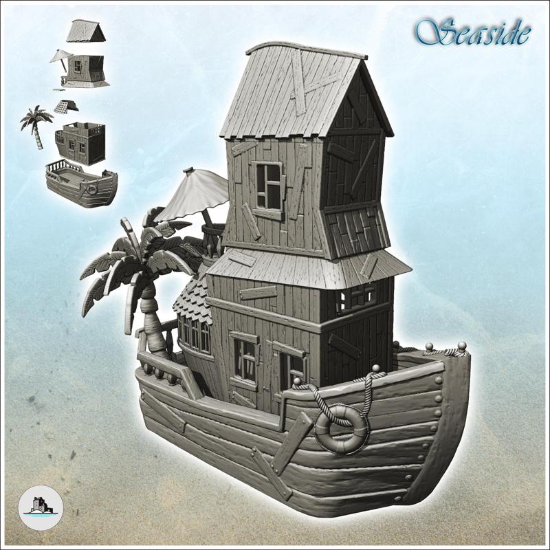 House on boat with parasol and palm tree (1) - Pirate Jungle Island Beach Piracy Caribbean Medieval Skull Renaissance