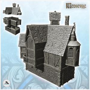 Large medieval manor with suspended room, zigzagging roof and chimney (16) - Medieval Gothic Feudal Old Archaic Saga 28mm 15mm