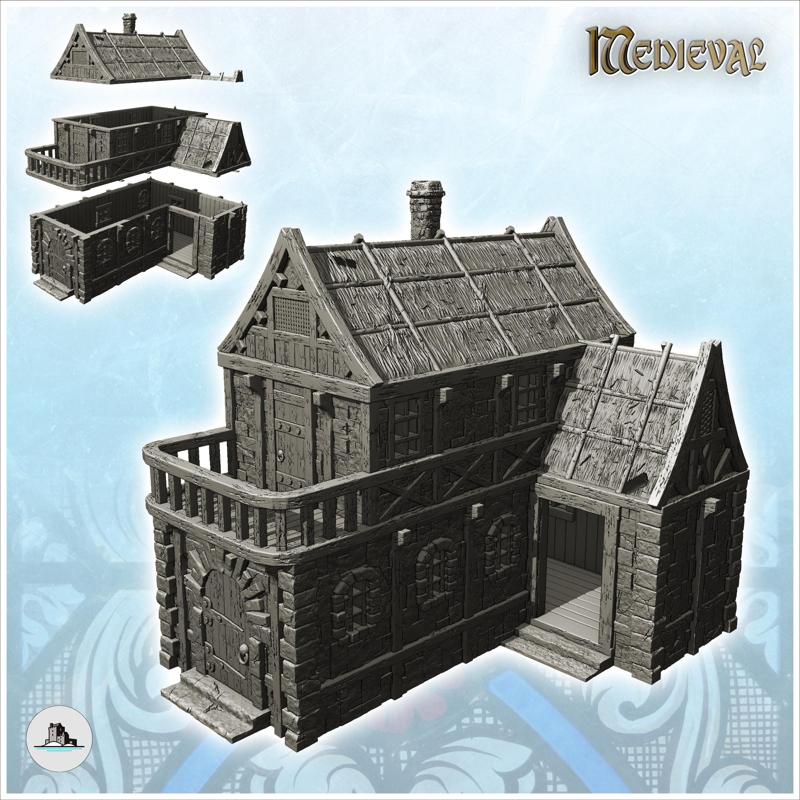 Medieval house with terrace, large door and thatched roof (11) - Medieval Gothic Feudal Old Archaic Saga 28mm 15mm