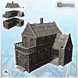 Medieval house with terrace, large door and thatched roof (11) - Medieval Gothic Feudal Old Archaic Saga 28mm 15mm
