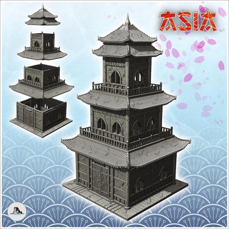 Oriental pagoda with multiple curved roofs and double terraces (4) - Medieval Asia Feudal Asian Traditionnal Ninja Oriental