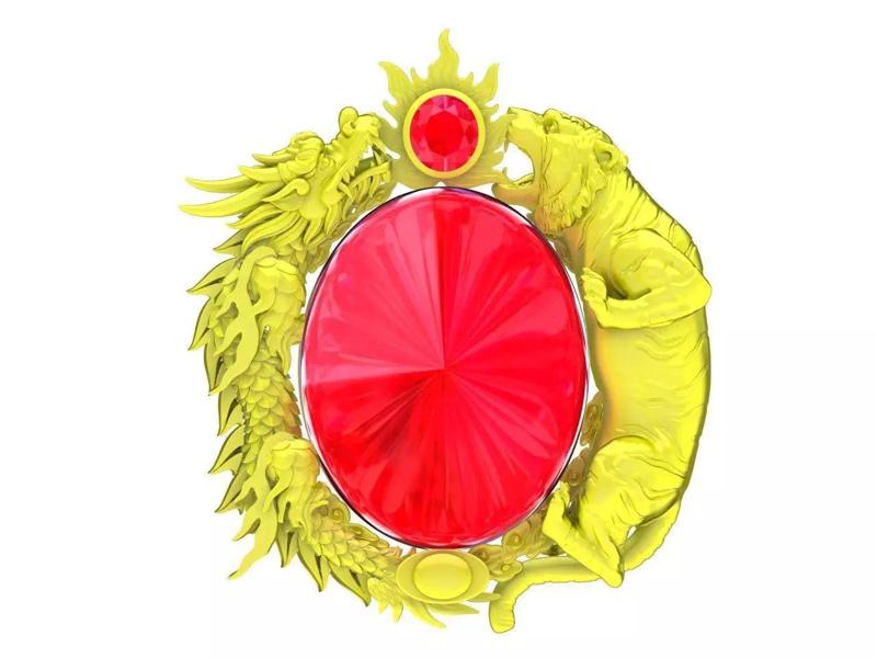 Zodiac Oval Gemstone Dragon and Tiger Pendant 3D Model A4697